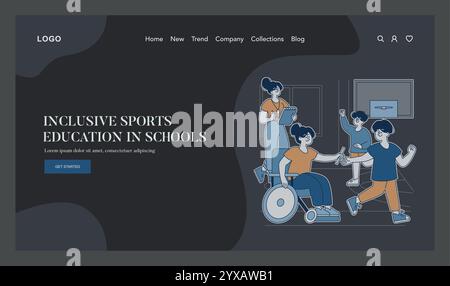 Inklusives Bildungskonzept für Schüler mit Behinderungen, die aktiv am Schulsport teilnehmen. Angepasste körperliche Aktivität und Einheit. Vektorabbildung. Stock Vektor