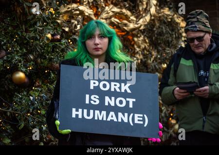 London, Großbritannien. Dezember 2024. Ein Aktivist hält ein Plakat vor der Saatchi-Galerie. Der SPEZIESISMUS. Die WTF wurde 2023 von der britischen interdisziplinären Künstlerin und Tierrechtlerin Stephanie Lane gegründet. Stephanie will den Betrachter dazu bringen, über das Gefühl der Tiere nachzudenken und sich in ihrem Fall und ihrer Art vorzustellen. Quelle: SOPA Images Limited/Alamy Live News Stockfoto