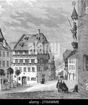 Albecht Dürer oder Albert Durers Haus (erbaut 1420) und Statue des deutschen Ritters Martin Koetzel in der Altstadt oder im historischen Bezirk Nürnberg Bayern Deutschland. Vintage oder historische Gravur oder Illustration 1864 Stockfoto