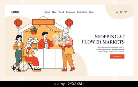 Lunar Silvester Shopping Szene mit Familie, die Blumen an einem Marktstand wählt und Tradition feiert. Vektorabbildung. Stock Vektor