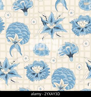 Nahtloses Chinoiserie-Blumenmuster. Hintergrundabdeckung mit Blumenwiederholung. Modernes Wildblumenmotiv mit Oberflächenmuster. Handgezeichnete Vektorgrafik Stock Vektor