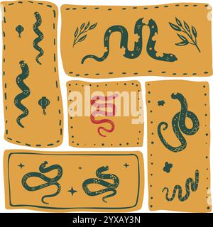 Grüne Schlange Chinesisches Neujahrsfest bento-Gittersymbol. CNY Zodiac Schlange Mond 2025 modulares Poster isoliert auf weißem Hintergrund. Vektor-Hand-dr Stock Vektor