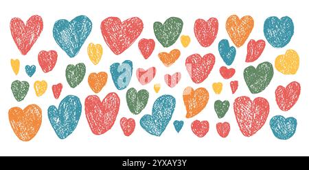 Buntes Herz-Set mit Buntstiften. Romantische Elemente. Love Signs Grunge-Symbole. Strukturierte kindliche Vektor-Wohltätigkeits- oder Gute-Symbole Formen gezeichnet mit Bleistiftbeleuchtung Stock Vektor