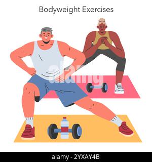 Home Fitness-Konzept. Personen, die in Innenräumen Körpergewichtsübungen durchführen. Stretching und Krafttraining auf einer Matte. Vektorabbildung. Stock Vektor