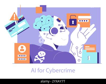 Cyberkriminalität. Ein stilisierter Roboter mit einer Gehirnschaltung hält eine Kreditkarte, die Bedrohungen in der digitalen Sicherheit darstellt. Die Beteiligung VON KI an elektronischem Betrug. Vektorabbildung. Stock Vektor