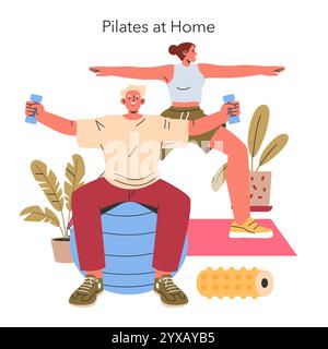 Home Workout Konzept. Ein Paar, das Pilates-Übungen in einem gemütlichen Innenraum macht, um Fitness und gesunden Lebensstil zu Hause zu zeigen. Vektorabbildung. Stock Vektor