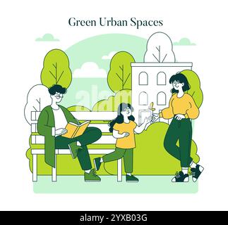 Green Urban Spaces Konzept. Die Bürger genießen ein umweltfreundliches Stadtleben inmitten einer üppigen Parklandschaft. Nachhaltiges Leben und Interaktion mit der Gemeinschaft. Vektorabbildung. Stock Vektor