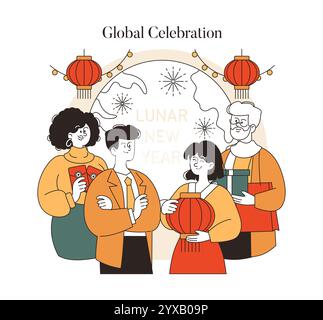 Lunar Silvester-Konzept. Generationenübergreifende Familienfeier mit traditionellen Dekorationen und Geschenken. Fröhliches Wiedersehen und festliche Stimmung. Vektorabbildung. Stock Vektor