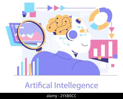 Data Science-Konzept. Eine stilisierte Darstellung der KI, die Daten mit Diagrammen, Vergrößerungsglas und neuronalem Netzwerk analysiert. Vektorabbildung. Stock Vektor