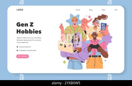 Gen Z Hobbys-Konzept. Junge Erwachsene, die moderne Aktivitäten wie Spiele, soziale Medien und Selfies ausüben. Trendiger, technisch versierter Lifestyle der Generation. Vektorabbildung. Stock Vektor