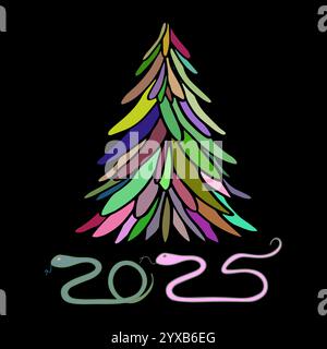 Neujahrskarte mit Weihnachtsbaum und Schlangenunterseite auf schwarzem Hintergrund, Vektorillustration Stock Vektor