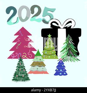 Glückwunschillustration mit Weihnachtsbäumen und einem Geschenk Stock Vektor
