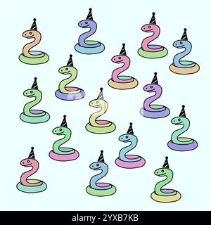 Set aus bunten Schlangen in Weihnachtshüten in Pastellfarben Stock Vektor