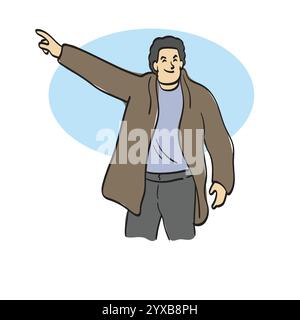 Mann im braunen Mantel, der auf leeren Raum zeigt Illustration Vektor Hand gezeichnet auf weißem Hintergrund Stock Vektor