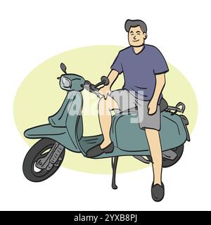 Lächelnder Mann sitzt auf seinem Fahrrad Illustration Vektor Hand gezeichnet isoliert auf weißem Hintergrund Stock Vektor