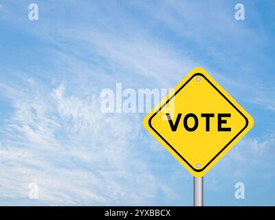 Gelbes Transportschild mit Wort Vote auf blauem Hintergrund Stockfoto