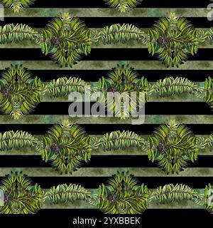 Weihnachtliche grüne Tannenzweige in einem nahtlosen Muster auf schwarzem Hintergrund. Aquarellabbildung mit Zweigen eines immergrünen Baumes für Geschenkpapier, Stockfoto