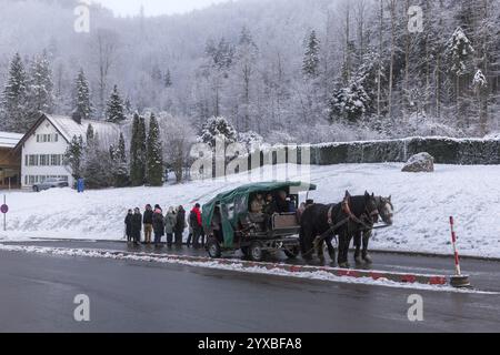 Gruppe von Personen neben einer Pferdekutsche, die bis zur Burg Neuschwanstein, im Winter schneebedeckte Straße, Schwangau, Königswinkel, Ostallgi¿½ fährt Stockfoto