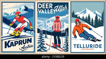 Poster für Skireisen im Retro-Stil. Stock Vektor