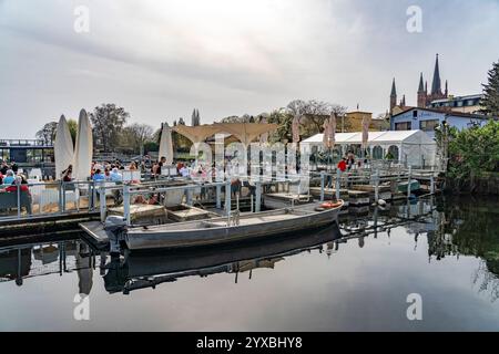 Inselterrassen Arielle Fischrestaurant Inselterrassen Arielle am Ufer der Havelinsel in Werder Havel, Brandenburg, Deutschland Fischrestaurant Inselte Stockfoto