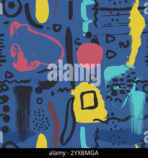 Abstraktes skurriles nahtloses Muster mit handgezeichneten Formen auf blauem Hintergrund Stock Vektor