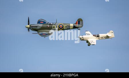 1941 Supermarine Spitfire & Percival Mew Gull, die auf der Best of British Air Show am 12. Mai 2024 in Shuttleworth durchgeführt wurde. Stockfoto