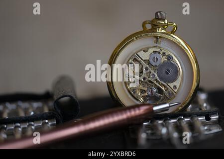 Zahnräder einer Taschenuhr und Präzisionsschraubendreher im Vordergrund Stockfoto