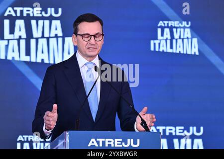 Rom, Italien. Dezember 2024. Mateusz Morawiecki, ehemaliger Präsident des Ministerrates der Republik Polen, nimmt am 15. Dezember 2024 in Rom Teil. Die 25. Ausgabe von Atreju, die Fratelli d'Italia Party findet im Circus Maximus in Rom statt.
 Credit: Live Media Publishing Group/Alamy Live News Stockfoto