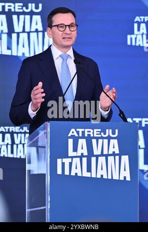 Rom, Italien. Dezember 2024. Mateusz Morawiecki, ehemaliger Präsident des Ministerrates der Republik Polen, nimmt am 15. Dezember 2024 in Rom Teil. Die 25. Ausgabe von Atreju, die Fratelli d'Italia Party findet im Circus Maximus in Rom statt.
 Credit: Live Media Publishing Group/Alamy Live News Stockfoto