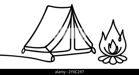 Durchgehende einzeilige Zeichnung des Zeltcampings im Freien. Leinwand Zeltlinie Kunstvektor Illustration Stock Vektor