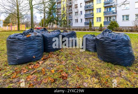 Schwarze Müllsäcke vor einem Wohnblock, Taschen mit gemähtem Gras, Verschmutzung in der Stadt Stockfoto