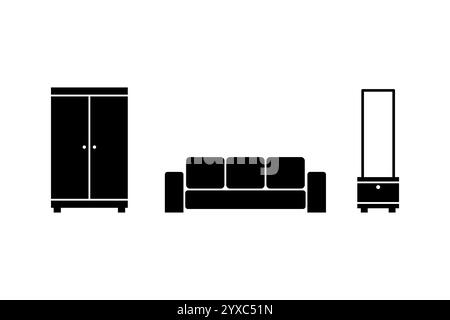 Flacher Stil Satz von Möbelsymbolen, Schrank, Sofa und Frisiertisch Silhouetten einfache Design-Vorlage, Vektor-Illustration Stock Vektor