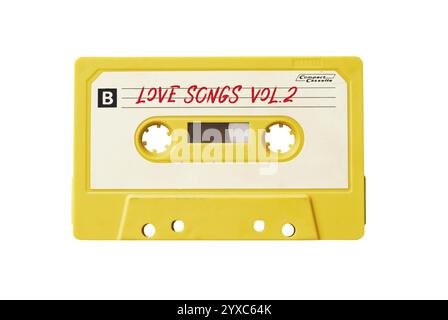 Kompakte Vintage-Audiokassette mit einer Zusammenstellung von Liebesliedern auf weißem Hintergrund Stockfoto