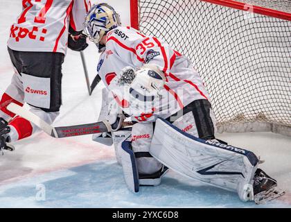 Friborg, Kanton Friborg, Schweiz. Dezember 2024. Friborg Schweiz, 15.12.2024: LUDOVIC WAEBER (Torwart) aus der Schweiz #35 ist bei den SCHWEIZER Eishockeyspielen 2024 im Einsatz. Die SCHWEIZER Eishockeyspiele 2024 zwischen der Schweiz und Finnland fanden in der BCF Arena in Friborg statt. Die Schweiz gewann mit 1:0. (Kreditbild: © Eric Dubost/ZUMA Press Wire) NUR REDAKTIONELLE VERWENDUNG! Nicht für kommerzielle ZWECKE! Stockfoto