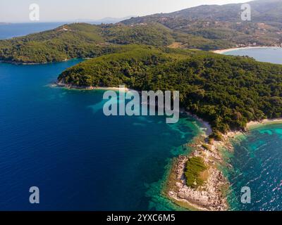 Blick aus der Vogelperspektive auf üppige grüne Inseln, die türkisfarbenes Wasser treffen. Stockfoto