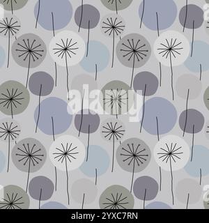 Nahtloses abstraktes Blumenmuster mit handgezeichneten Löwenzahn-Blumenkreisen in weichen Winterpastellfarben, schwarzer Umriss auf grauem Hintergrund. Vintage Stock Vektor