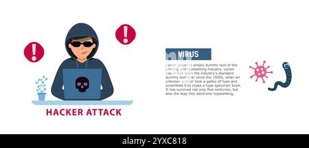 Hackerangriff. Der Hacker hat den Virus auf dem Laptop eines anderen platziert. Stock Vektor