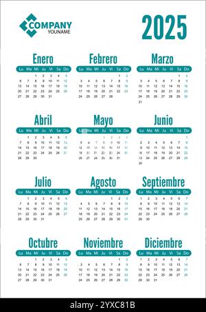 Vertikaler einfacher Taschenkalender auf 2025 Jahre, spanisch. Stock Vektor