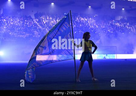 Sint Truiden, Belgien. Dezember 2024. Eine Lichtshow vor einem Fußballspiel zwischen Sint-Truiden VV und RSC Anderlecht am Sonntag, den 15. Dezember 2024 in Sint-Truiden, am 18. Tag der Saison 2024-2025 der ersten Liga der „Jupiler Pro League“ der belgischen Meisterschaft. BELGA PHOTO MAARTEN STRAETEMANS Credit: Belga News Agency/Alamy Live News Stockfoto