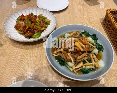 Zwei vegane Gerichte: Gebratener Tofu mit buntem Gemüse auf einem Teller und ein Tofu mit Pilzbelag mit Bok Choy in einer herzhaften Brühe auf dem anderen Teller. Singa Stockfoto