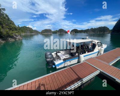 Ein Tauchboot legt an einem hölzernen Pier in Piaynemo, Raja Ampat, an, umgeben von türkisfarbenem Wasser, üppigen grünen Karstinseln und einem klaren blauen Himmel. Raja Ampat Stockfoto