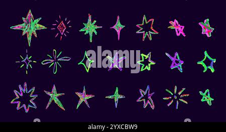 Set aus farbenfrohen Neonkreide, die Sterne zeichnen. Shiny- oder Glitzer-Doodle-Kollektion. Kinderstil Regenbogenwachs-Bleistift-Elemente des Nachthimmels Stock Vektor