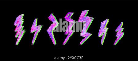 Set von Blitz durch Wachsstift Zeichnung. Sammlung von Handzeichnkreide, Lichterblinkschildern, Doodle Thunder Bolts, gelben Designelementen Stock Vektor