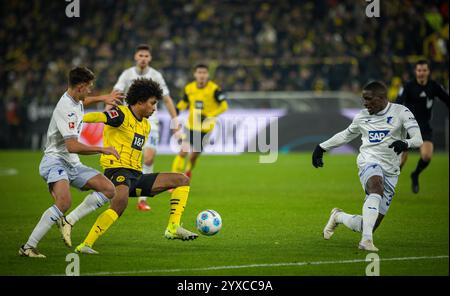 Dortmund, Deutschland. Dezember 2024. Karim Adeyemi (BVB) Tom Bischof (1899) Stanley Nsoki (1899) Borussia Dortmund - TSG 1899 Hoffenheim 15.12.2024 Credit: Moritz Müller/Alamy Live News Stockfoto