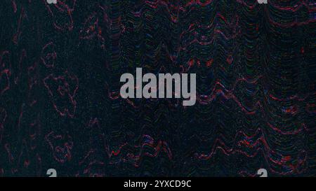 Analoger Fehler. Statische Rauschtextur. TV-Bildschirmüberlagerung. Rot blau grün Farbe Fuzzy Glow elektronische Artefakte digitale Verzerrung Wellen Muster dunkle Kunst Illustration abstrakter Hintergrund. Stockfoto