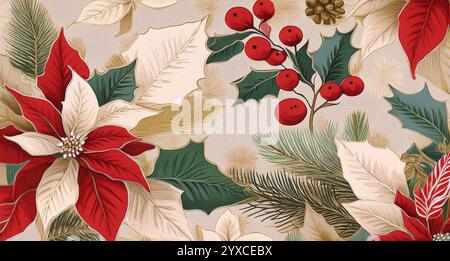 Festliches Blumenmuster mit leuchtenden roten und cremefarbenen Weihnachtsstern mit grünen Blättern und roten Beeren, ideal für Weihnachtsmotive und Ho Stockfoto