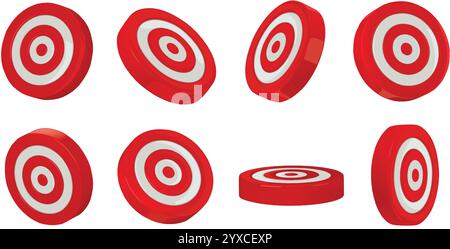 Bullseye-Ziele. Aufnahme von Zielscheiben, Dartbrettsymbolen und kreisförmigen roten und weißen Bogenschießen Zielsymbolen verschiedene 3D-Winkel isolierte Vektorillustration Stock Vektor