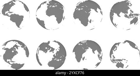 World 3D-Karte. Kugelkugel mit gepunkteten Kontinenten, Erdpunkte-Gitterraster und geometrische Geographietechnologie. Futuristisch global isoliert Stock Vektor