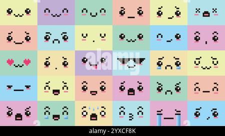 Pixel Art Kawaii Gesichter. Niedliche, pixelige Gesichtsausdrücke, Uwu-Gesicht, überraschte Augen, trauriges Weinen und fröhlich lächelnde Pixel. Retro 8-Bit-Gaming oder Anime Stock Vektor