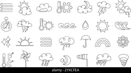 Durchgehende einzeilige Wettersymbole. Minimalistische lineare Wettervorhersage-Symbole für Wolken, Sonne, Regen, Wind und meteorologische Umrissvektorelemente Stock Vektor